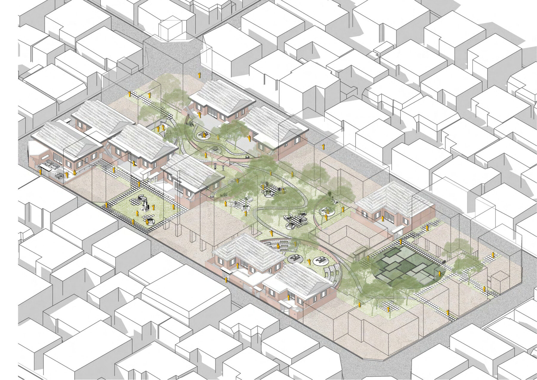 Aerial illustration of the proposed community courtyard and residences in Daegu